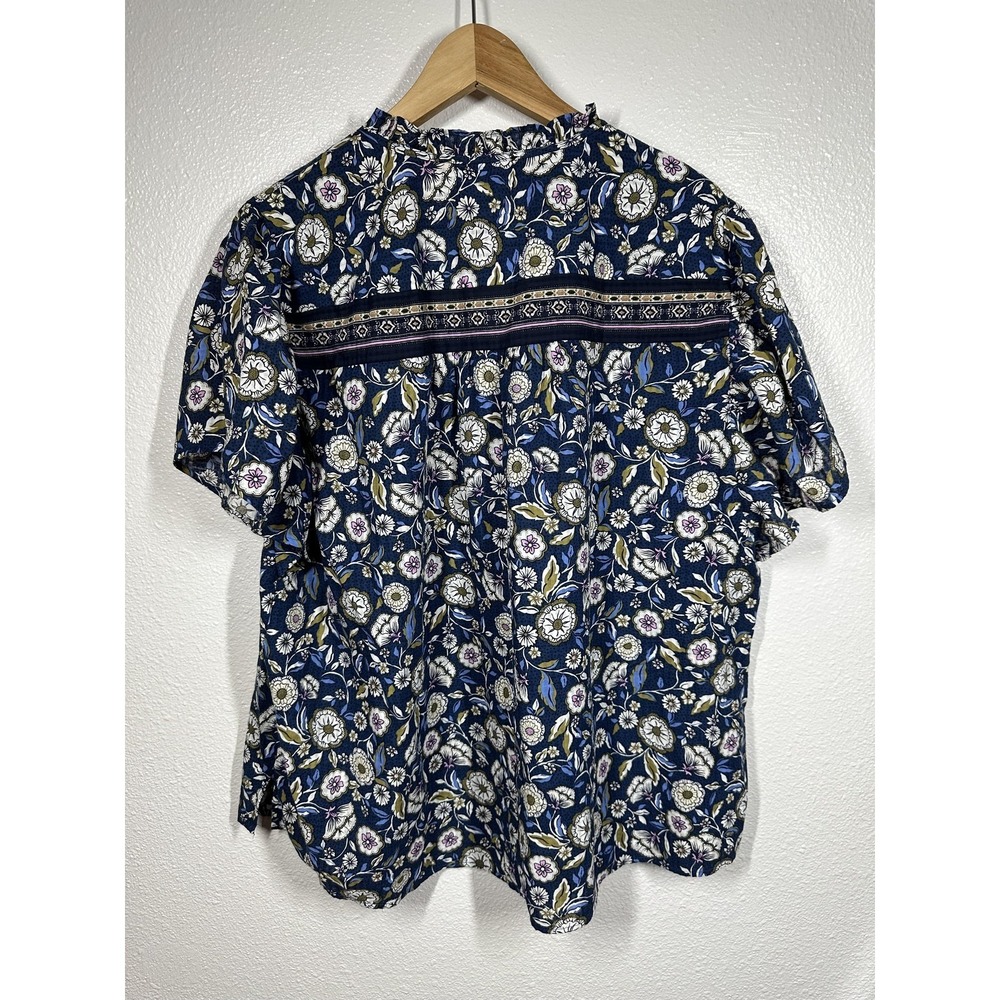 Lane Bryant Shirt Womens 18 Blue Floral Boho Peasant Tie Neck Short Sleeve Top - Picture 2 of 6